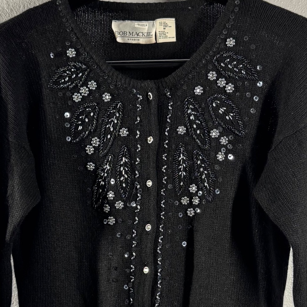 Bob Mackie Studio Black Silk Angora Beaded Sequin Cardigan Sweater Womens Medium